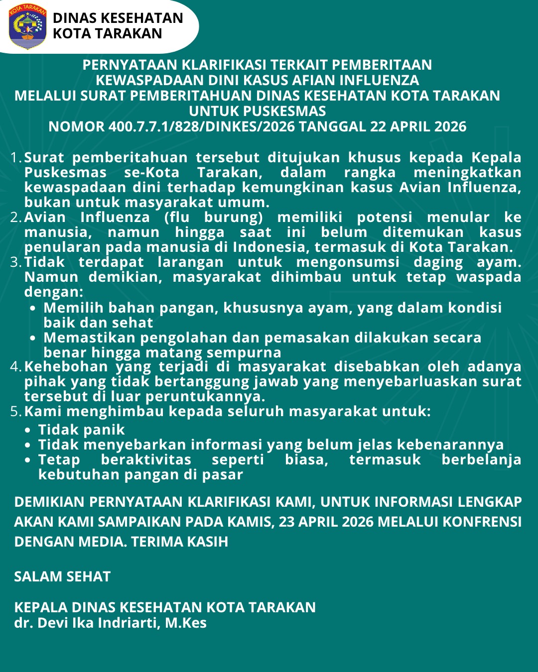 Pernyataan Klarifikasi Terkait Pemberitaan Kewaspadaan Dini Kasus Afian Influenza